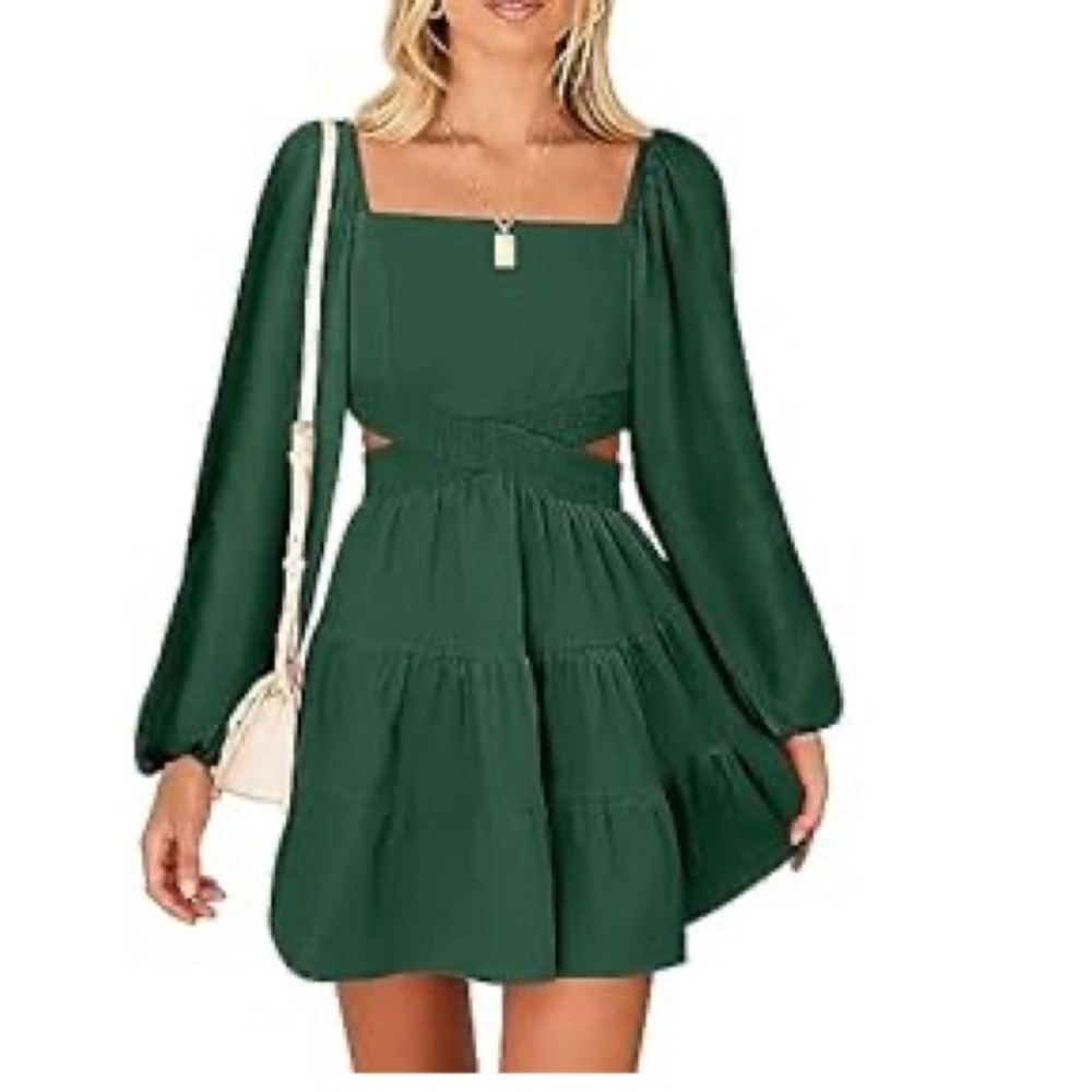 🛍️ Long Sleeve Cutout Square Neck Crossover Waist Mini Short Dress